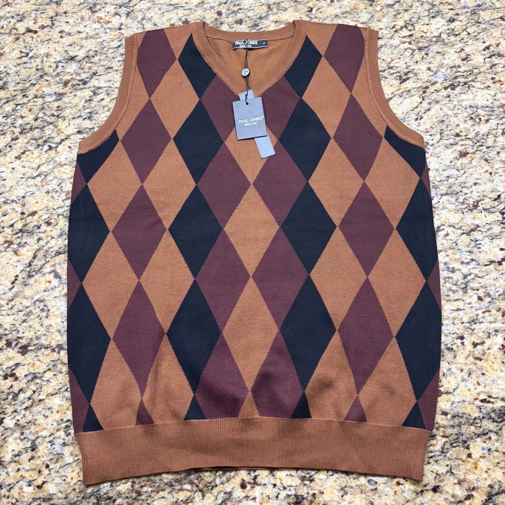 NEW Paul Jones Mens Argyle Sweater Vest Brown Burgundy Black V-Neck Large ws